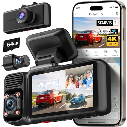 REDTIGER F17 4K 3 Channel Dash Cam, STARVIS 2 IMX675 HDR, 2160P+1080P+1080P Front Inside and Rear Triple Car Camera with 64GB Card, 5.8GHz WiFi GPS, IR Night Vision, G Sensor, WDR, Parking Mode