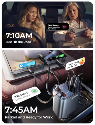 LISEN 84W Retractable USB-C Fast Car Charger Adapter