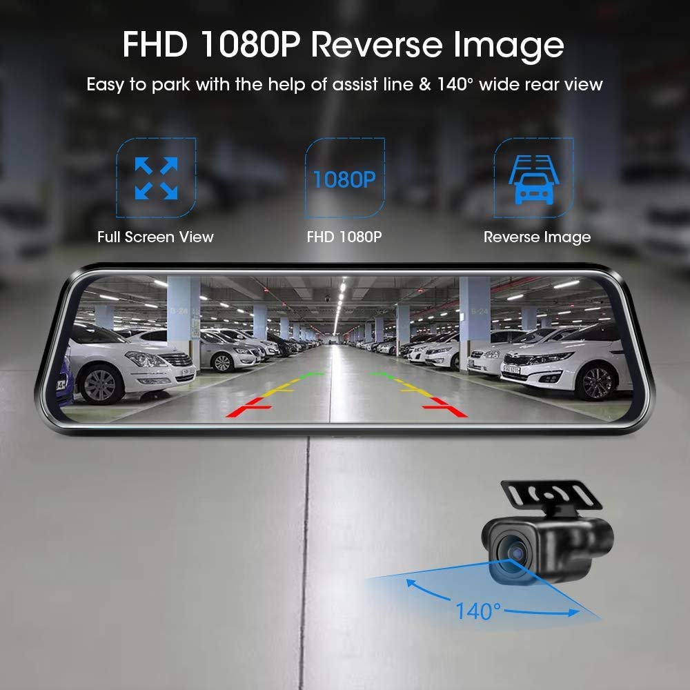 10'' Mirror Dash Cam Night Vision 1080P FHD Full Touch Screen Front and Rear View Backup Camera for Cars Loop Recording Streaming Media 170°Wide Angle Parking Assistance 6M Cable