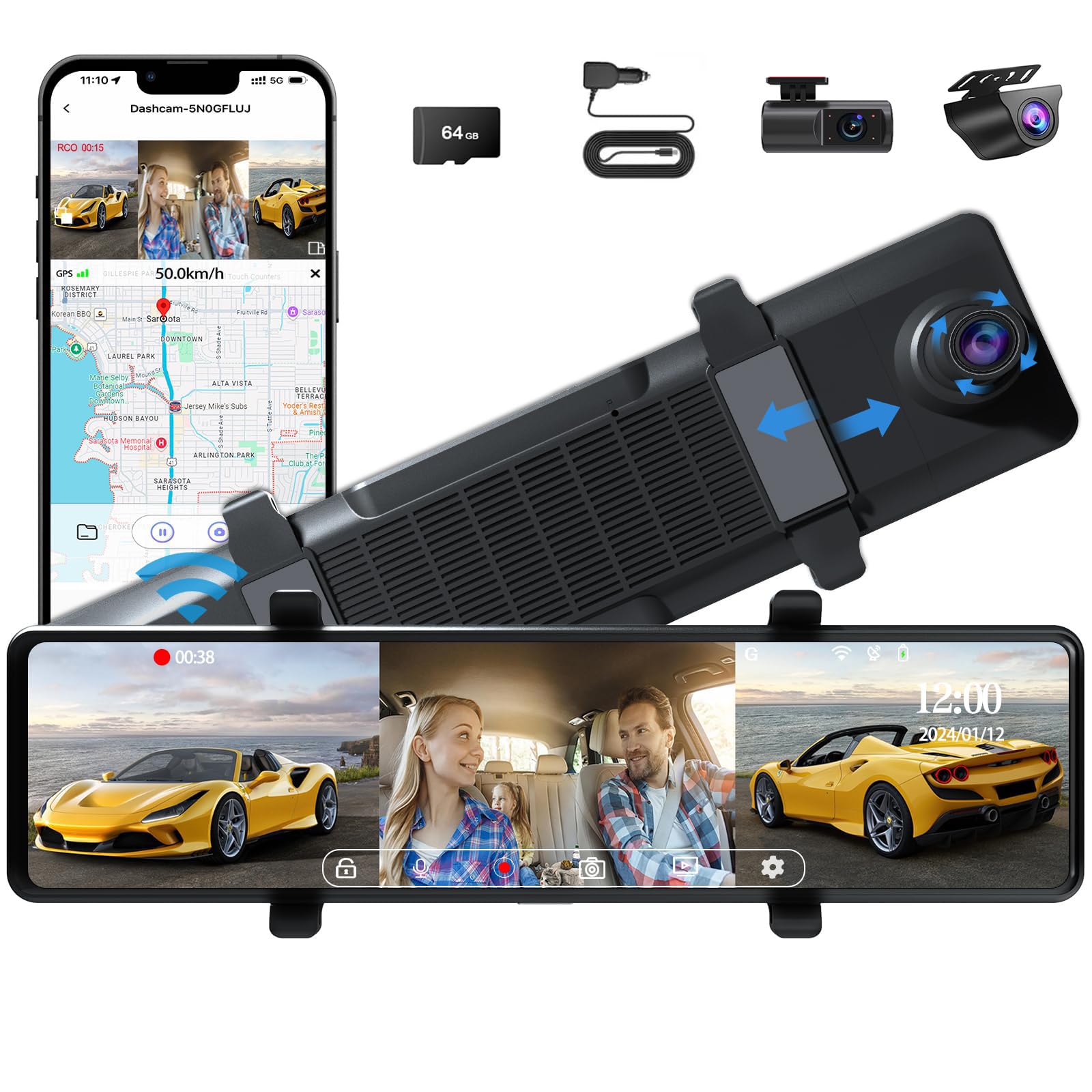 12-Inch 3-Channel 4K Mirror Dash Cam with Wi-Fi