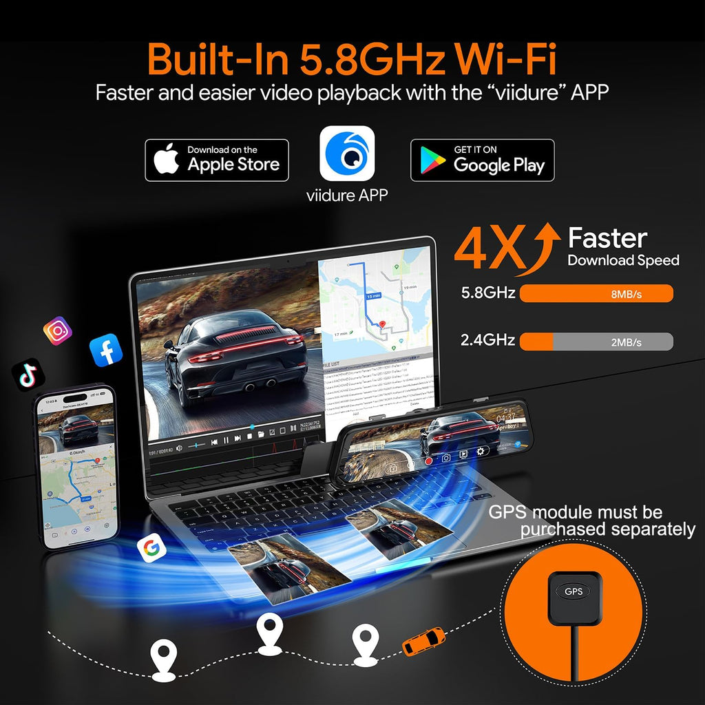 3 Channel Mirror Dash Camera for Cars,12inch Triple Rear View Mirror with Front 4K/3K, Inside and Rear 1080P with WiFi, G-Sensor, Night Vision, Reverse Assist, Parking Monitoring