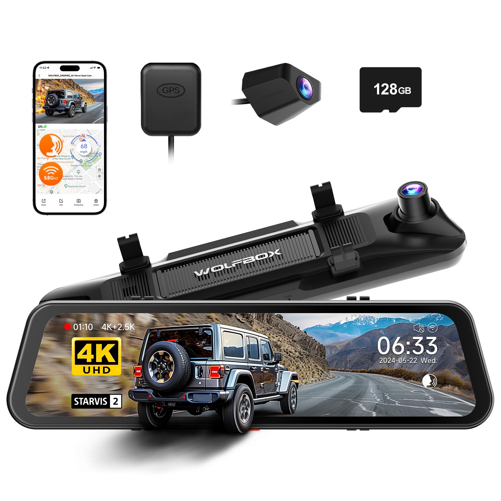 WOLFBOX 12-Inch 4K Mirror Dash Cam with STARVIS 2