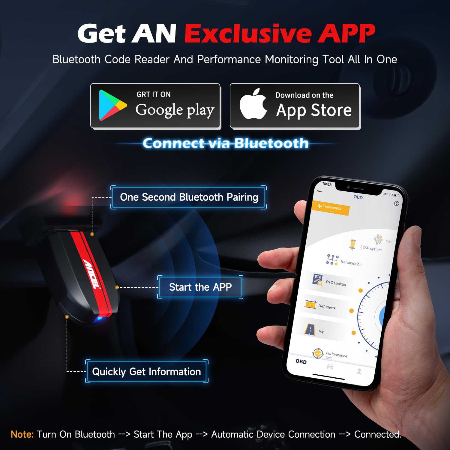 ANCEL BD200 Bluetooth OBD2 Scanner with Battery Test