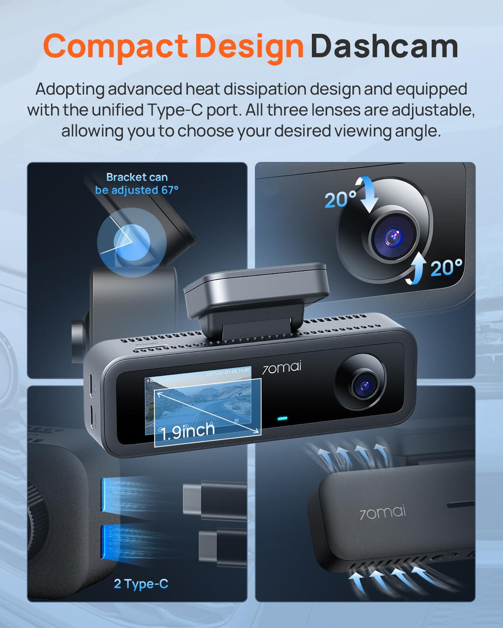 70mai T800E 3-Channel 4K Dash Cam with GPS and Wi-Fi