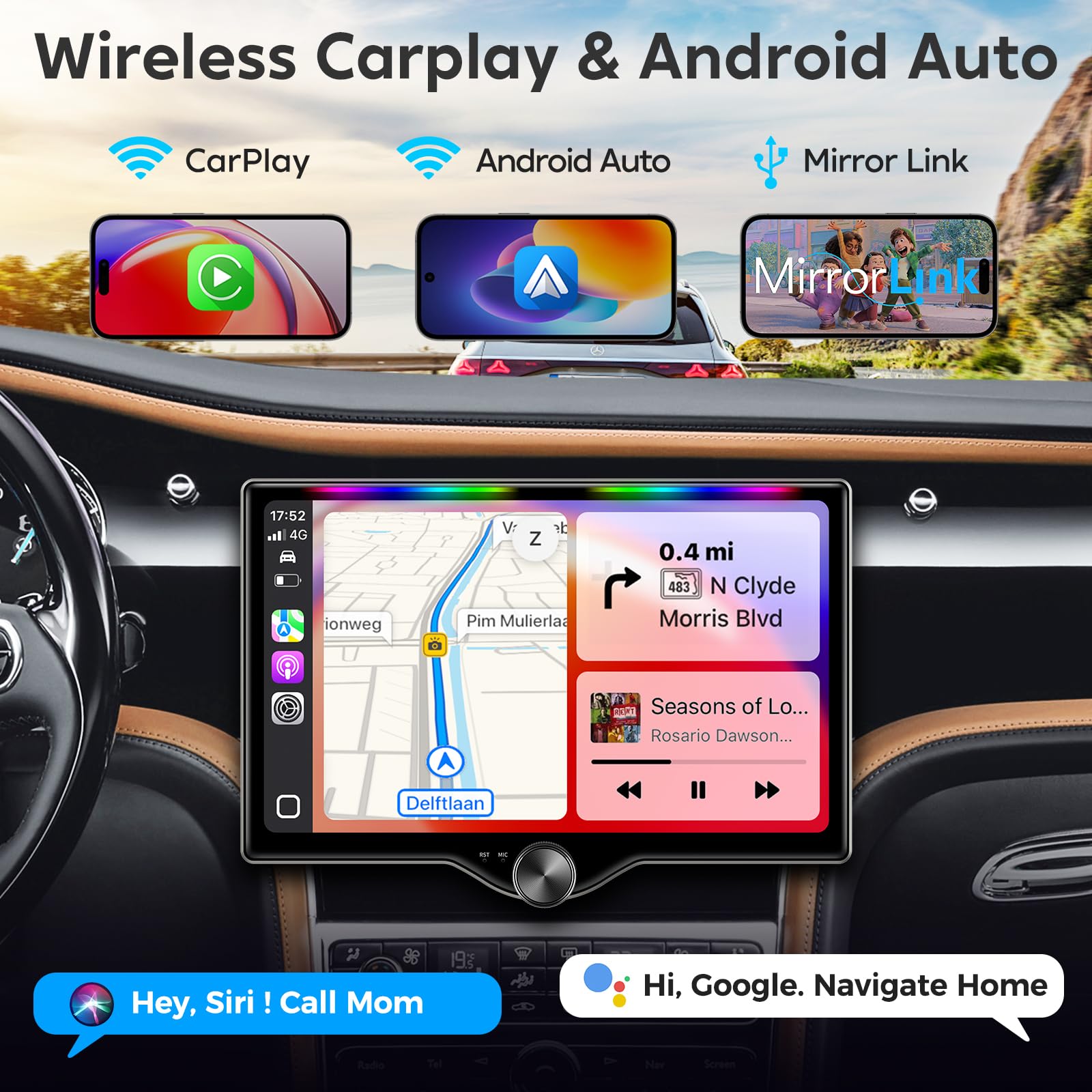 Kissound Wireless CarPlay Android Auto Stereo with Camera