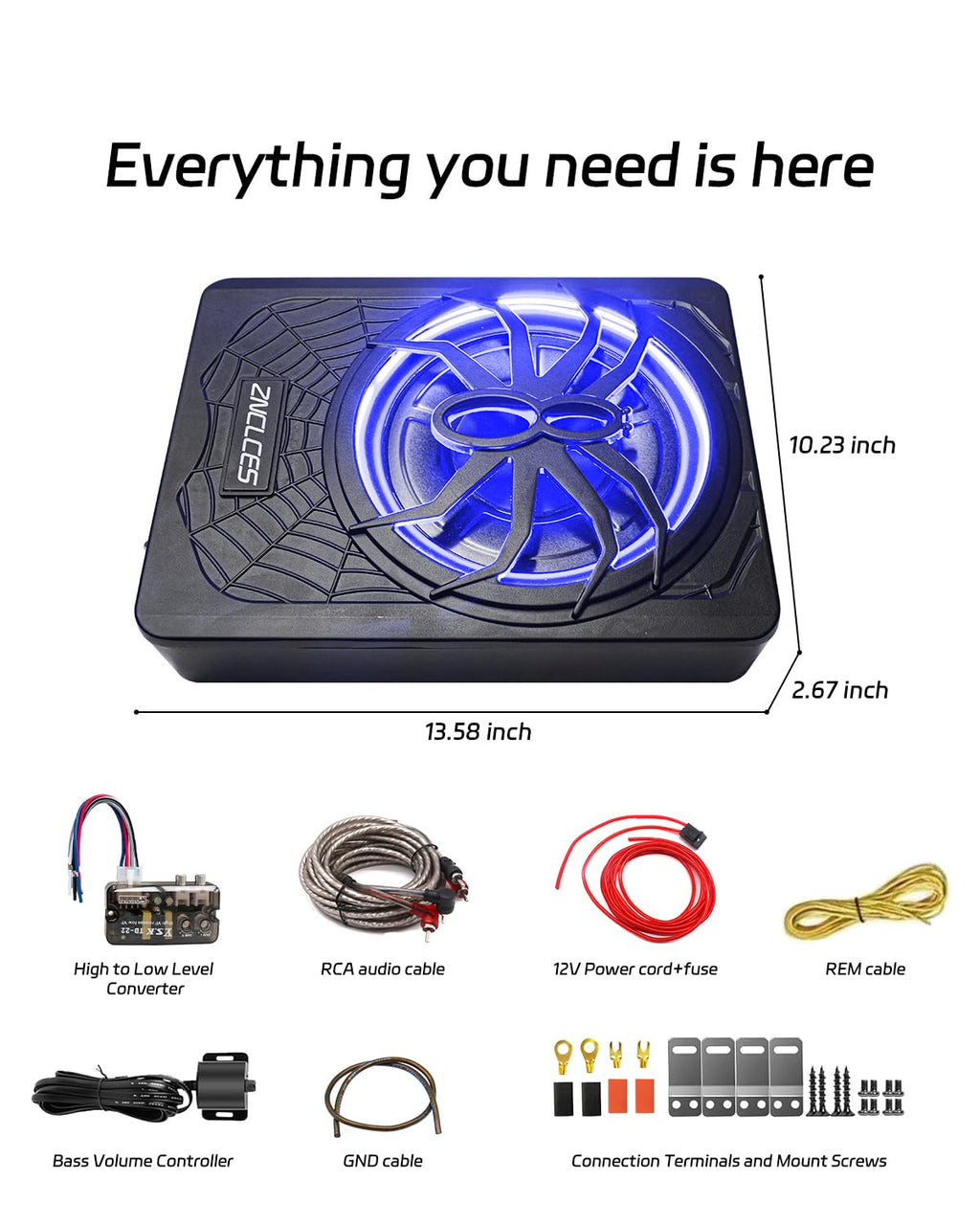 Znclces 10-Inch 1200W Slim Under Seat Powered Subwoofer
