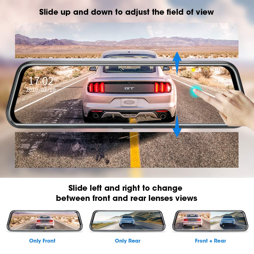 10'' Mirror Dash Cam Night Vision 1080P FHD Full Touch Screen Front and Rear View Backup Camera for Cars Loop Recording Streaming Media 170°Wide Angle Parking Assistance 6M Cable