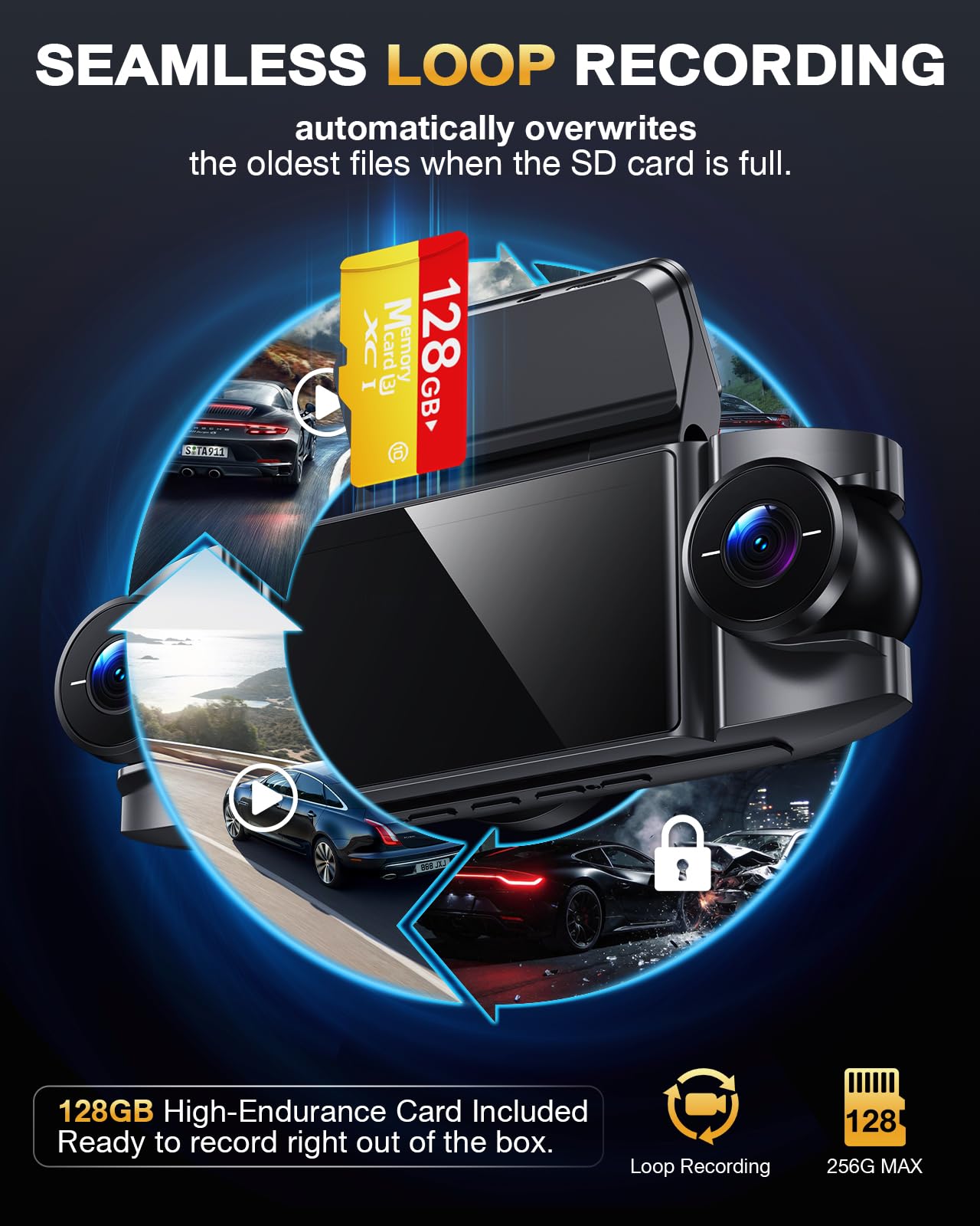 4-Channel 360° 4K Dash Cam with 128GB SD Card