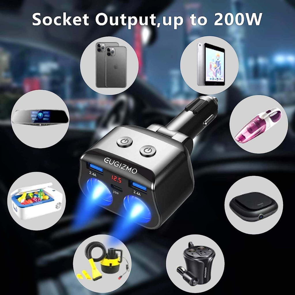 EUGIZMO 200W Dual 12V Socket Splitter with USB Ports
