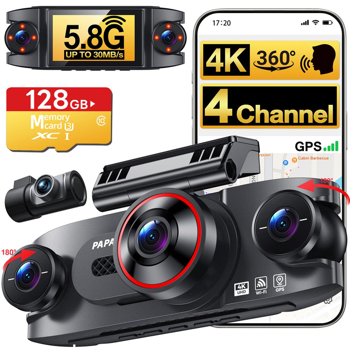 4-Channel 360° 4K Dash Cam with 128GB SD Card