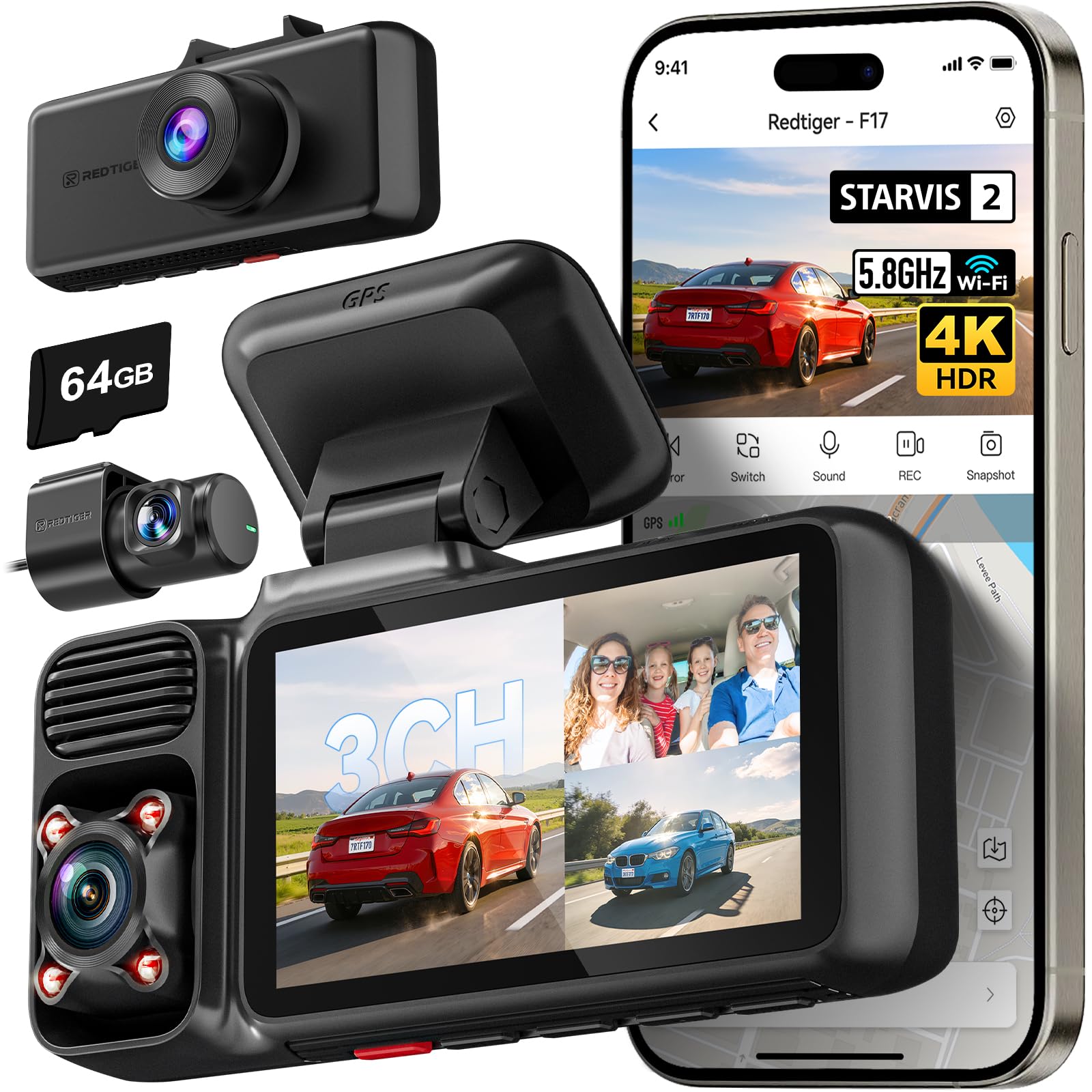REDTIGER F17 4K 3 Channel Dash Cam, STARVIS 2 IMX675 HDR, 2160P+1080P+1080P Front Inside and Rear Triple Car Camera with 64GB Card, 5.8GHz WiFi GPS, IR Night Vision, G Sensor, WDR, Parking Mode