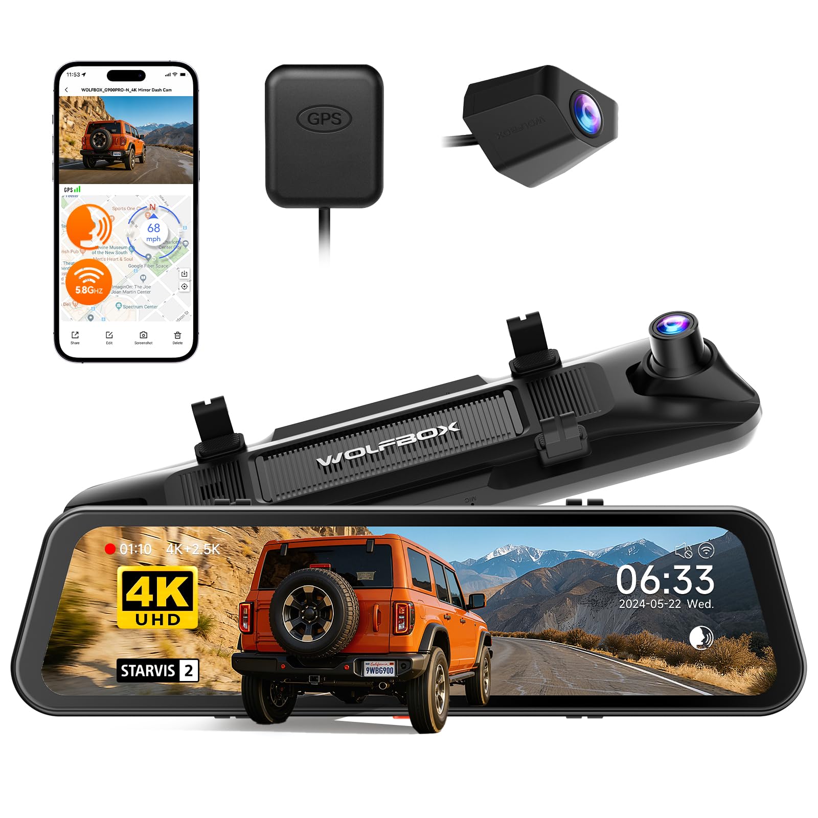 WOLFBOX 12-Inch 4K Mirror Dash Cam with STARVIS 2