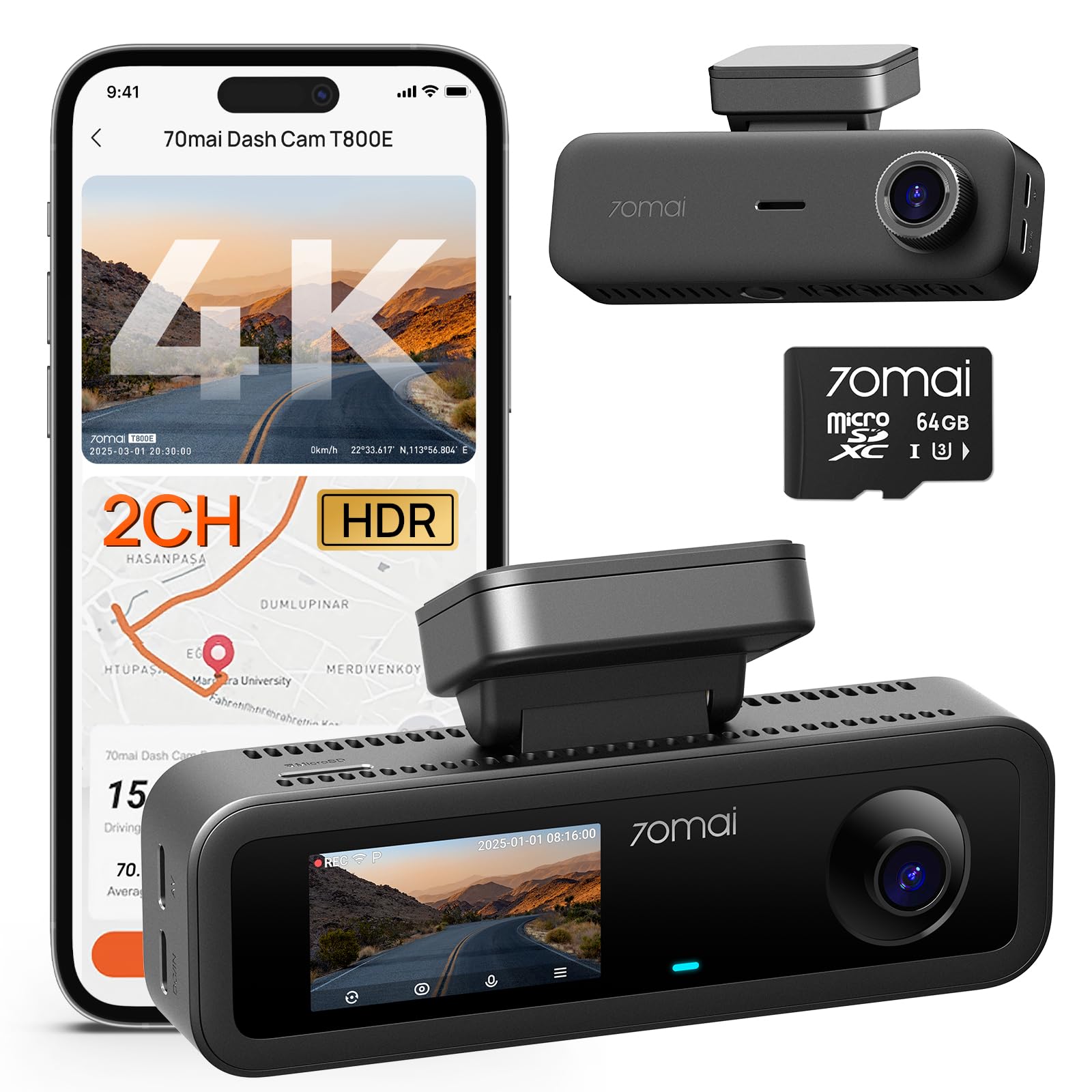 70mai T800E 3-Channel 4K Dash Cam with GPS and Wi-Fi