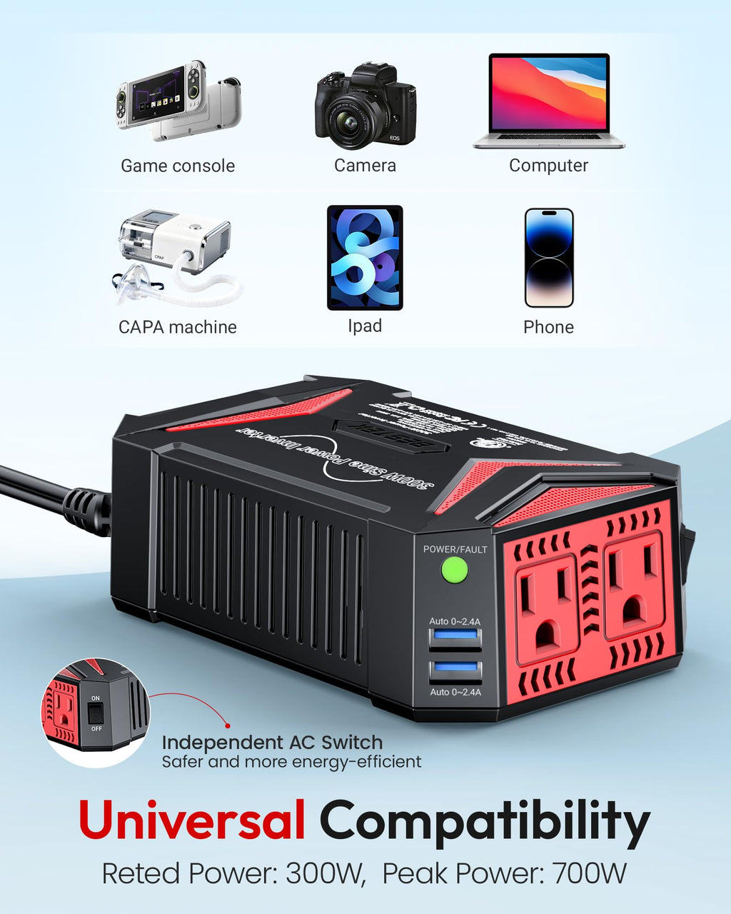 BESTEK 300W Pure Sine Wave Car Inverter with USB