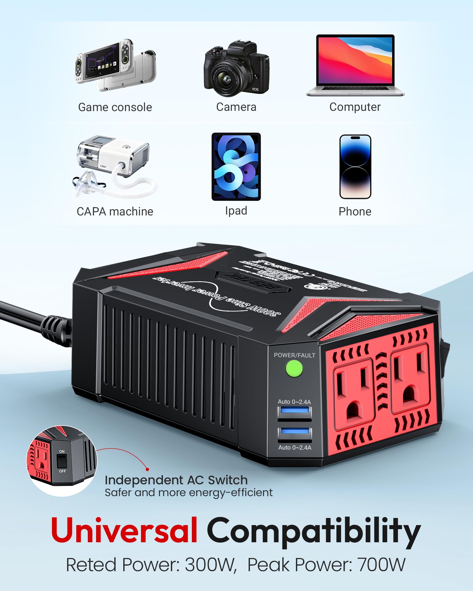 BESTEK 300W Pure Sine Wave Car Inverter with USB