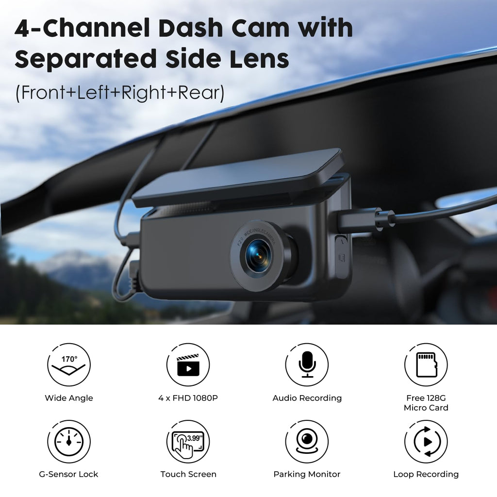 360° 4-Channel Dash Cam with GPS and 128GB Card