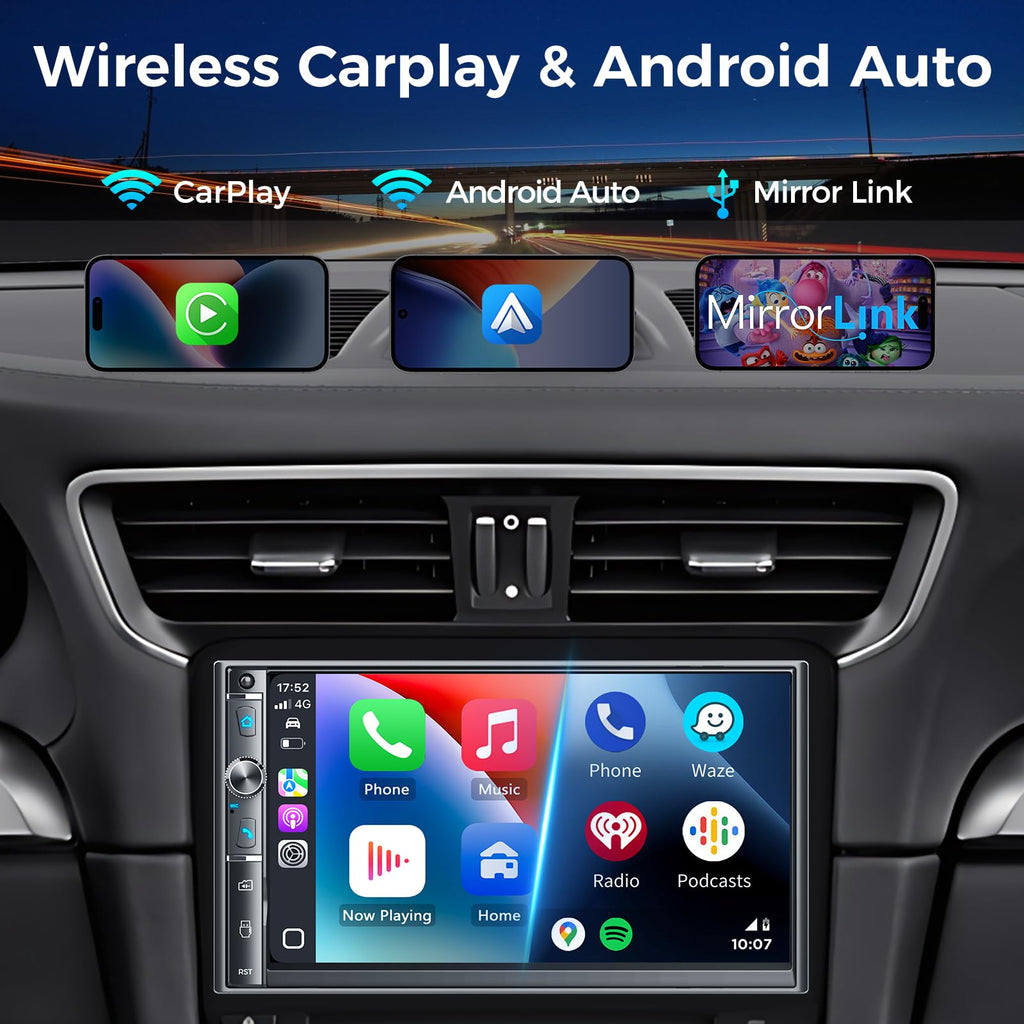 Kissound 7-Inch Wireless CarPlay Android Auto Stereo