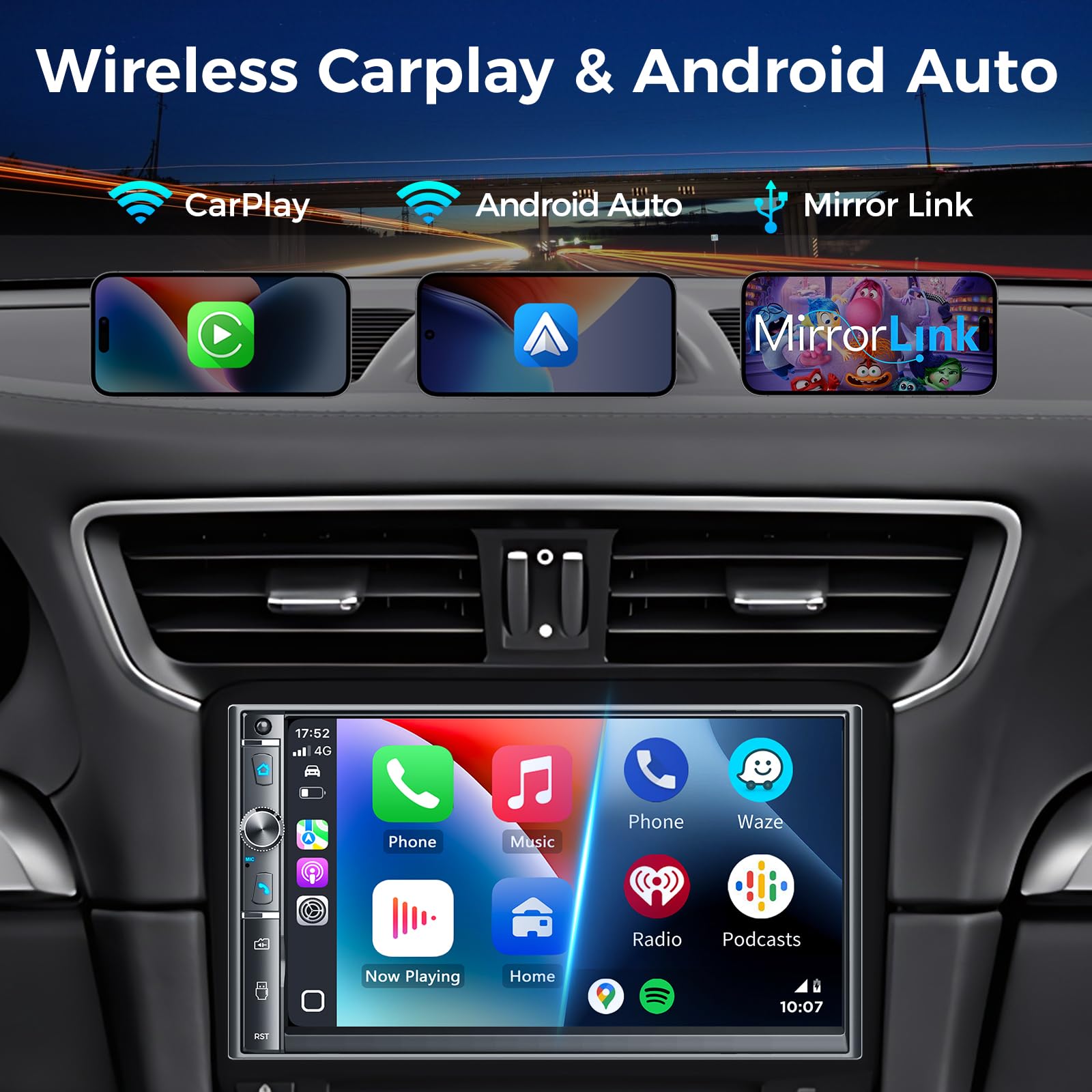 Kissound 7-Inch Wireless CarPlay Android Auto Stereo