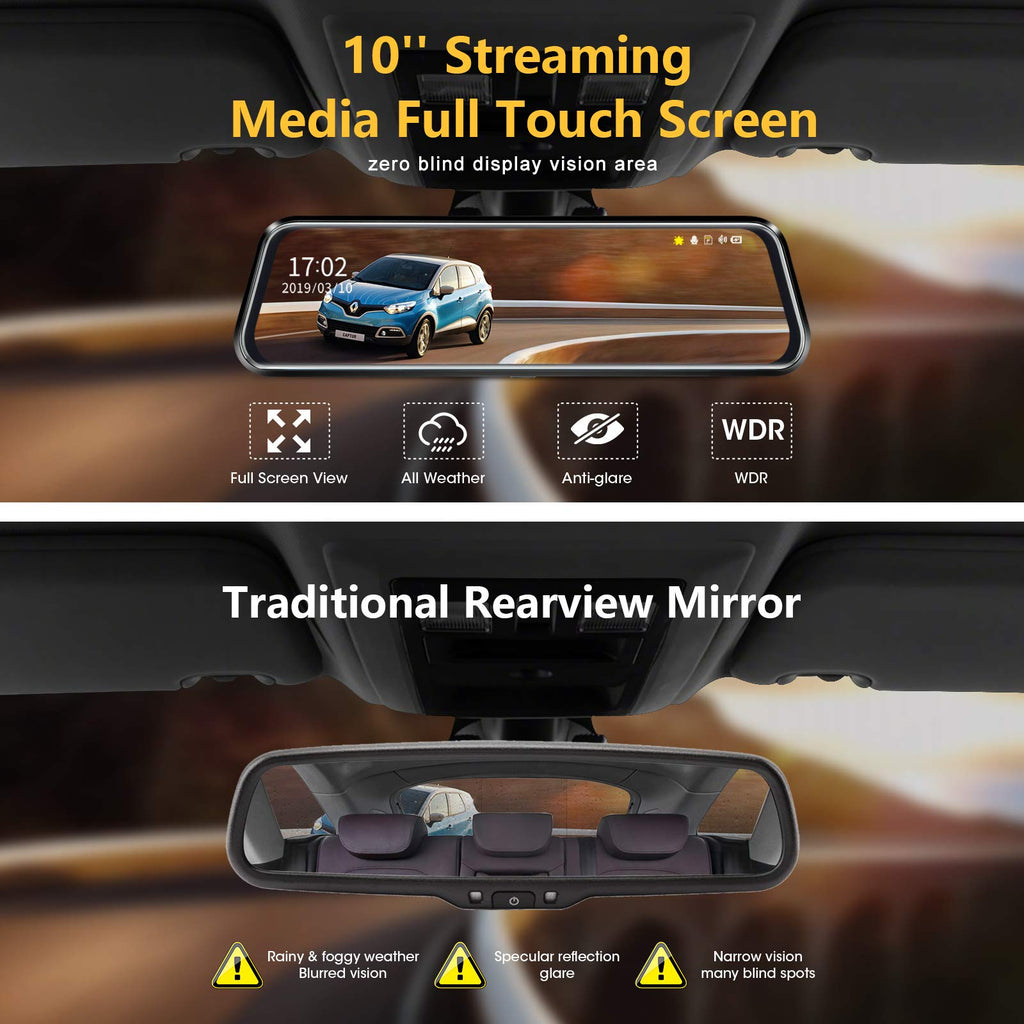 10'' Mirror Dash Cam Night Vision 1080P FHD Full Touch Screen Front and Rear View Backup Camera for Cars Loop Recording Streaming Media 170°Wide Angle Parking Assistance 6M Cable