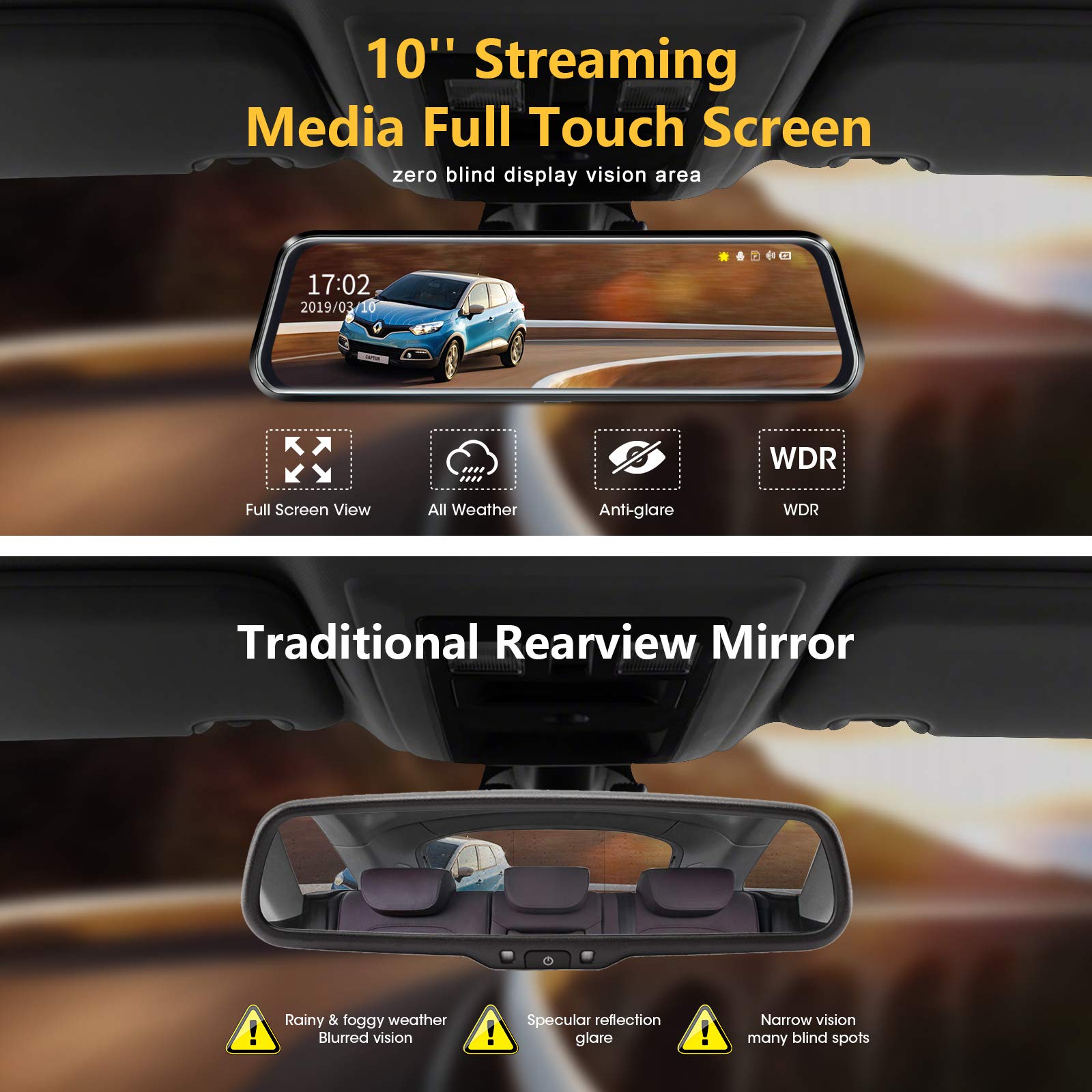 10'' Mirror Dash Cam Night Vision 1080P FHD Full Touch Screen Front and Rear View Backup Camera for Cars Loop Recording Streaming Media 170°Wide Angle Parking Assistance 6M Cable