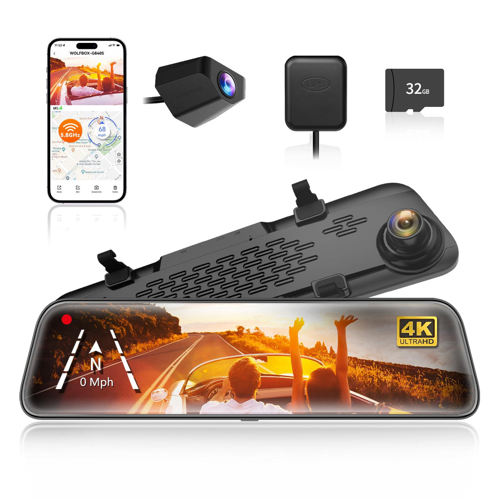 WOLFBOX G840S 12-Inch 4K Mirror Dash Cam with Backup Camera