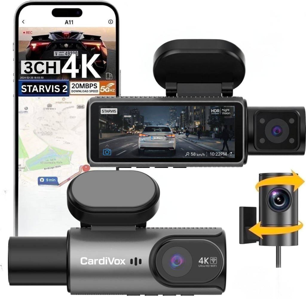 CardiVox A21 3-Channel 4K Dash Cam with GPS and ADAS