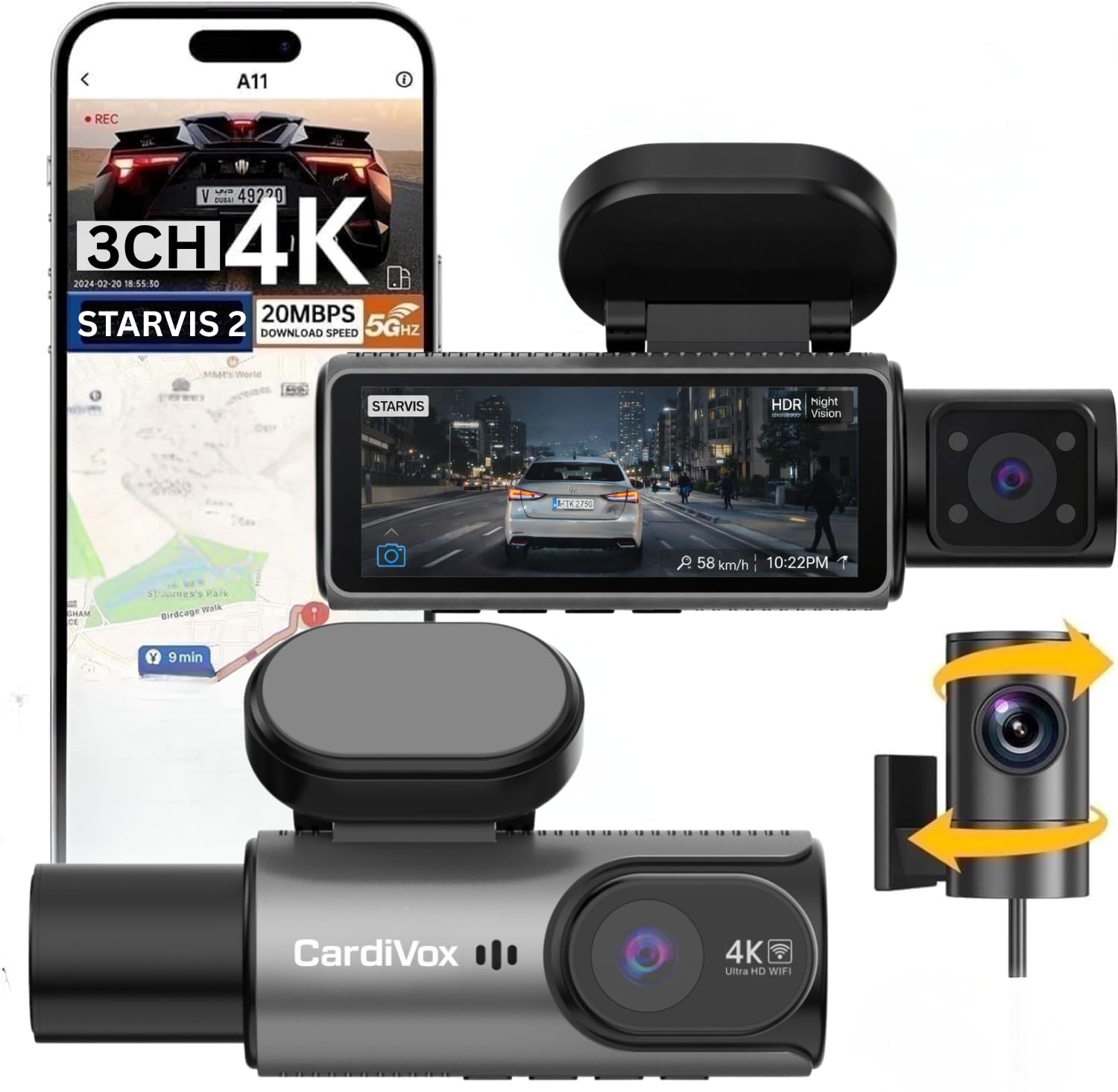 CardiVox A21 3-Channel 4K Dash Cam with GPS and ADAS