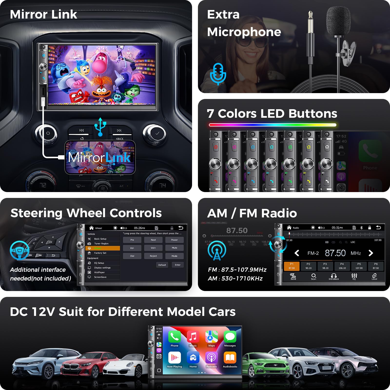 Kissound 7-Inch Wireless CarPlay Android Auto Stereo