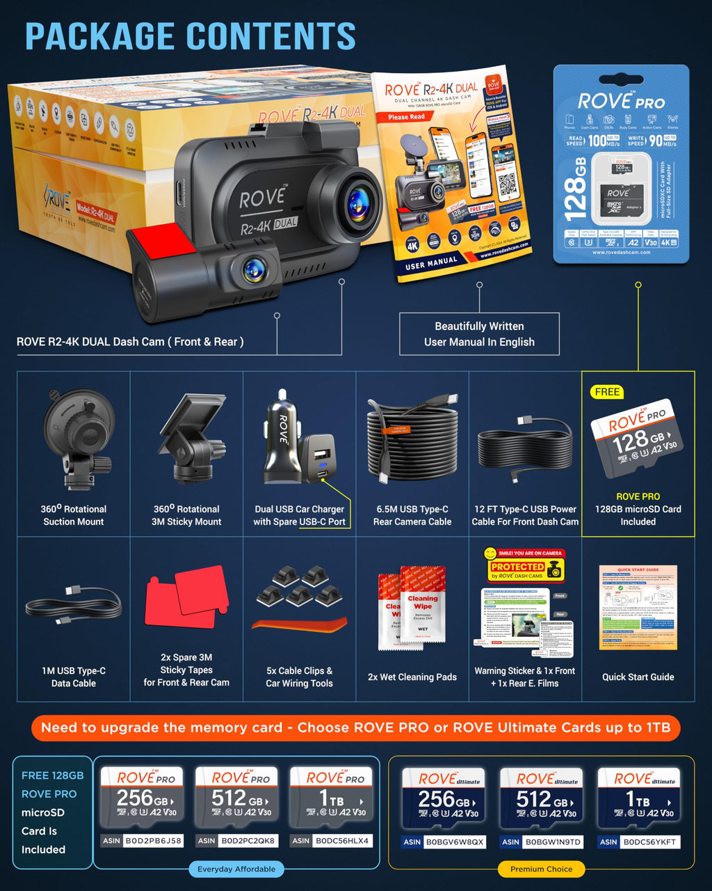 ROVE R2-4K Dual Dash Cam with STARVIS 2 and 128GB Card