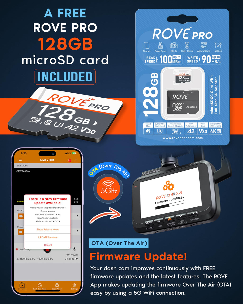 ROVE R2-4K Dual Dash Cam with STARVIS 2 and 128GB Card
