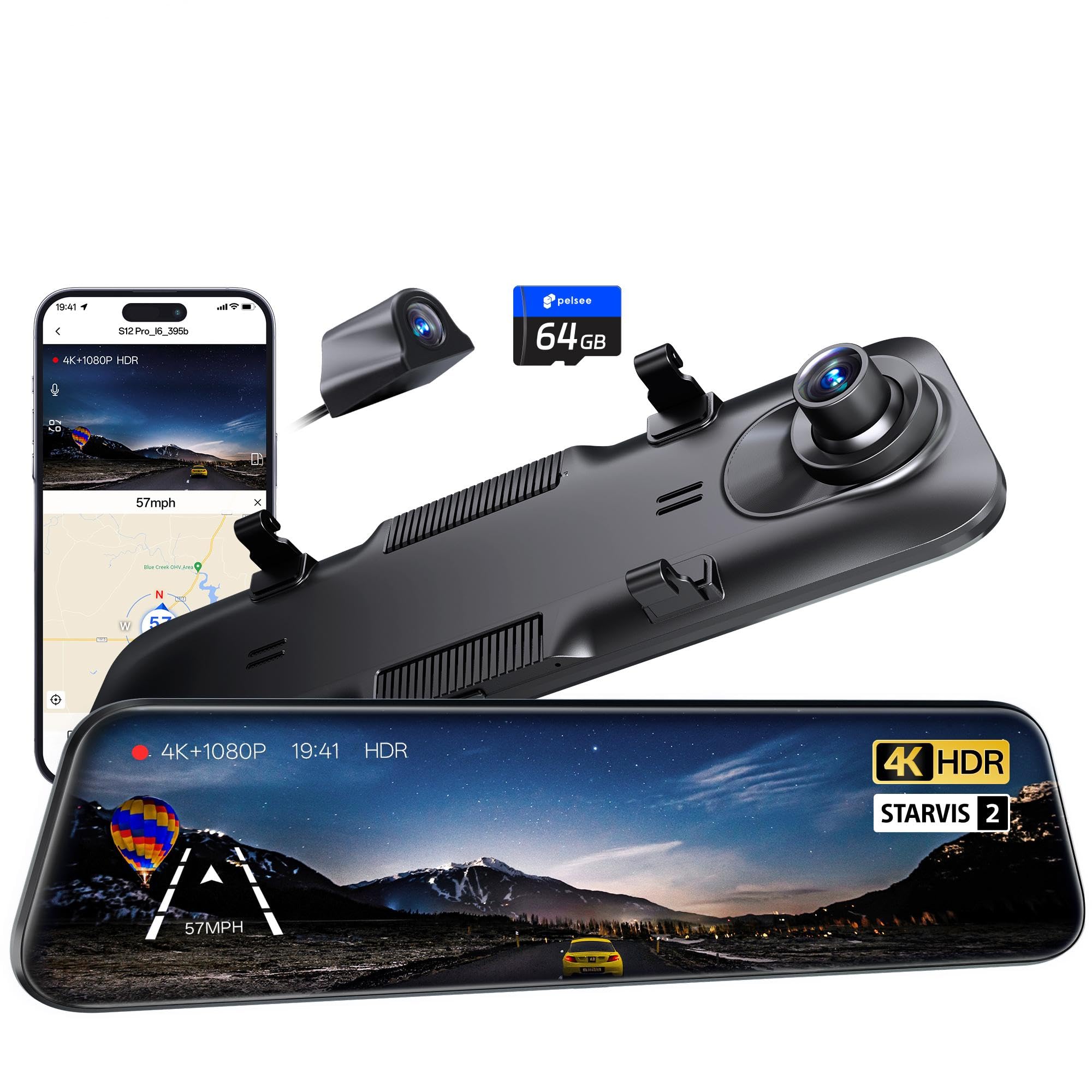 Pelsee S12 Pro 4K Mirror Dash Cam with STARVIS 2