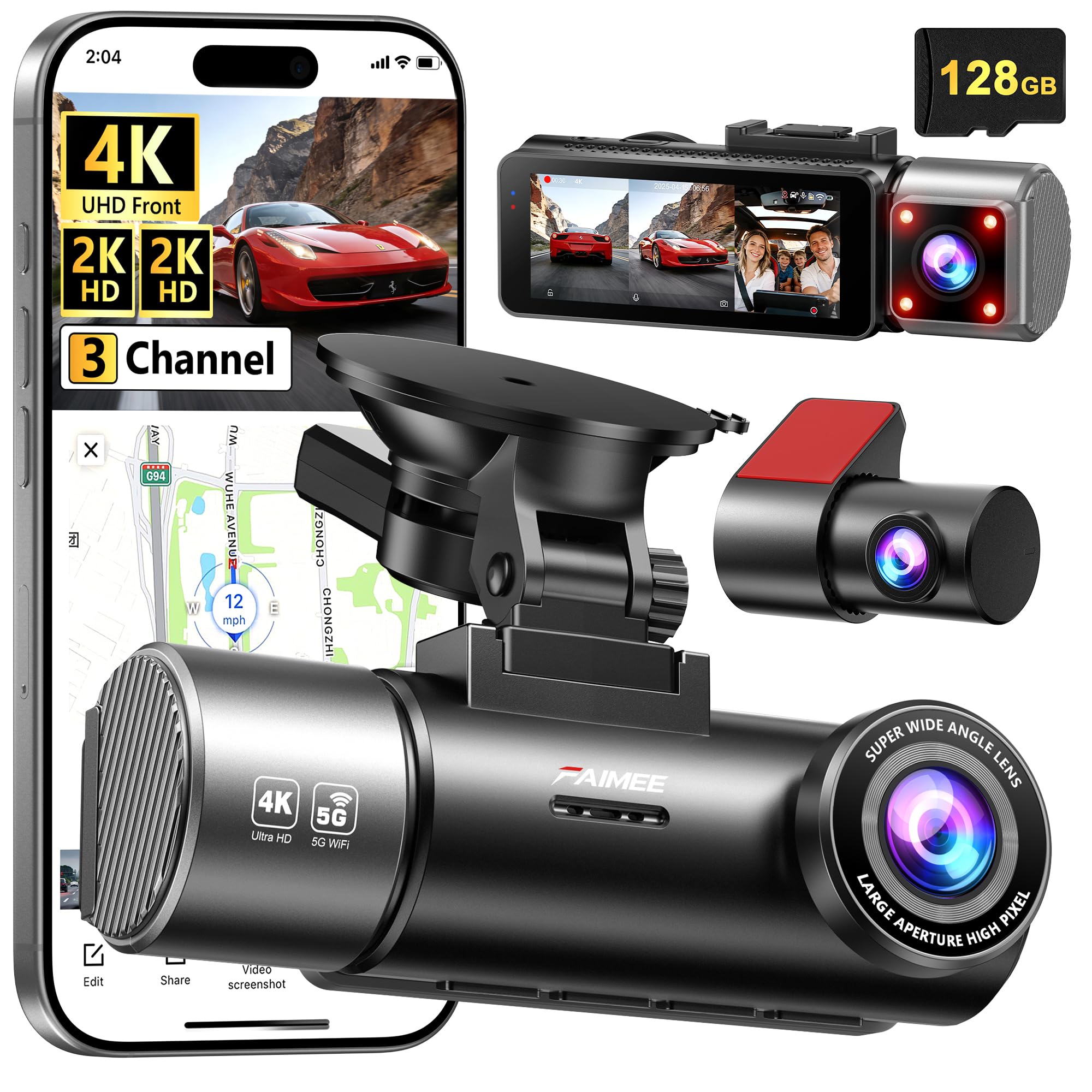 FAIMEE 4K+2K Front and Rear Dash Cam for Cars