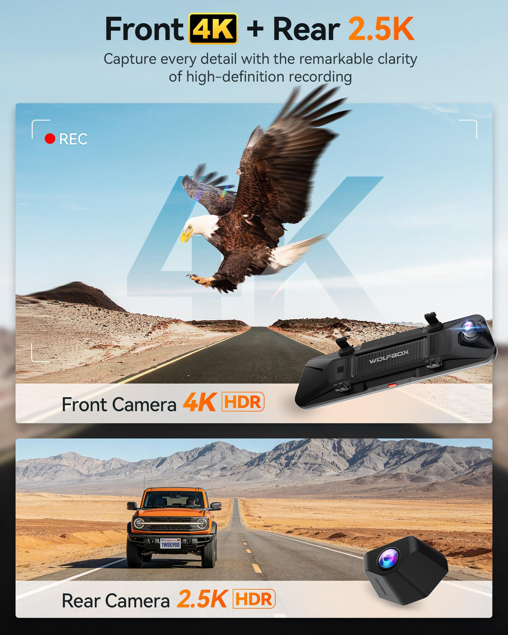 WOLFBOX 12-Inch 4K Mirror Dash Cam with STARVIS 2
