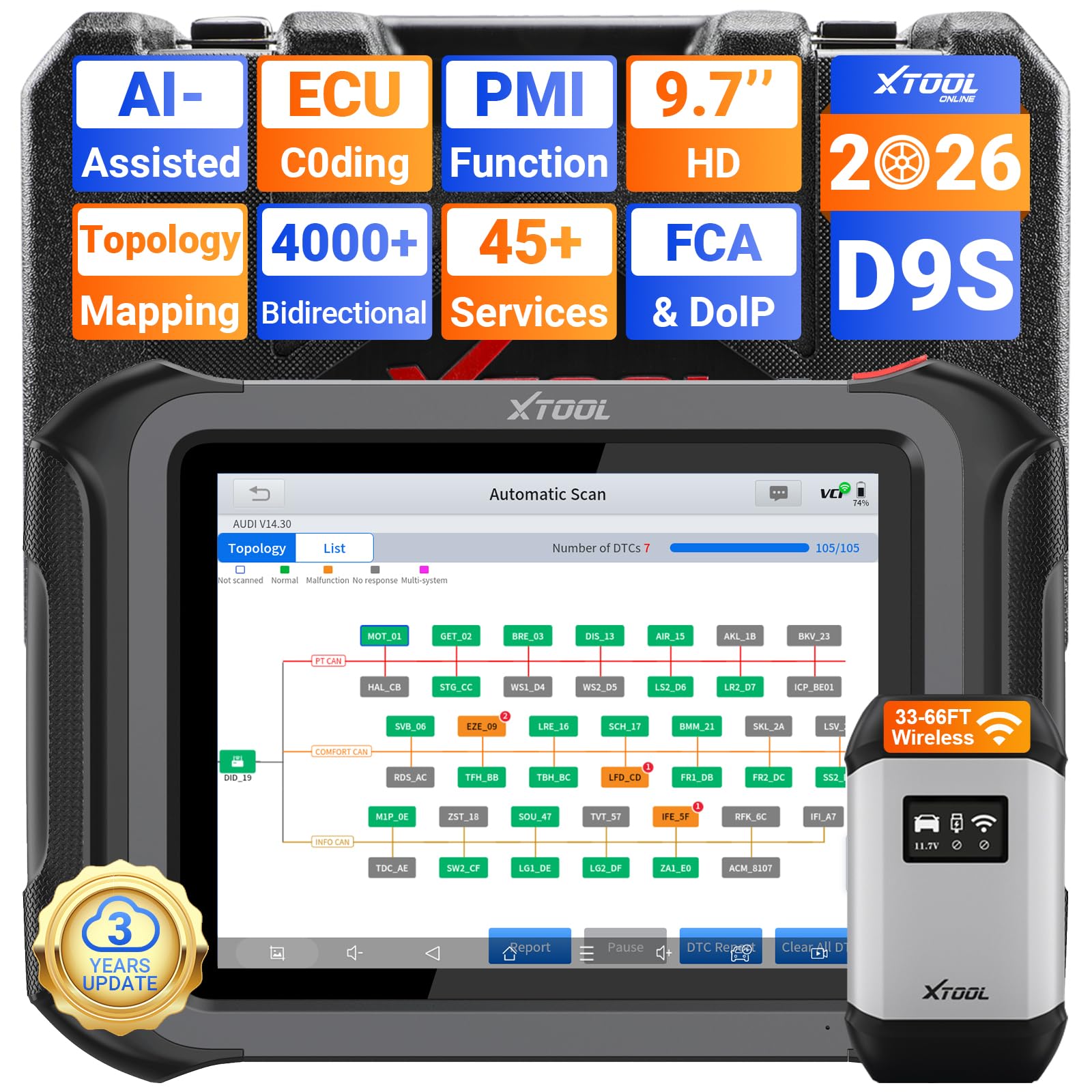 XTOOL D9S Wireless OBD2 Scanner with ECU Coding