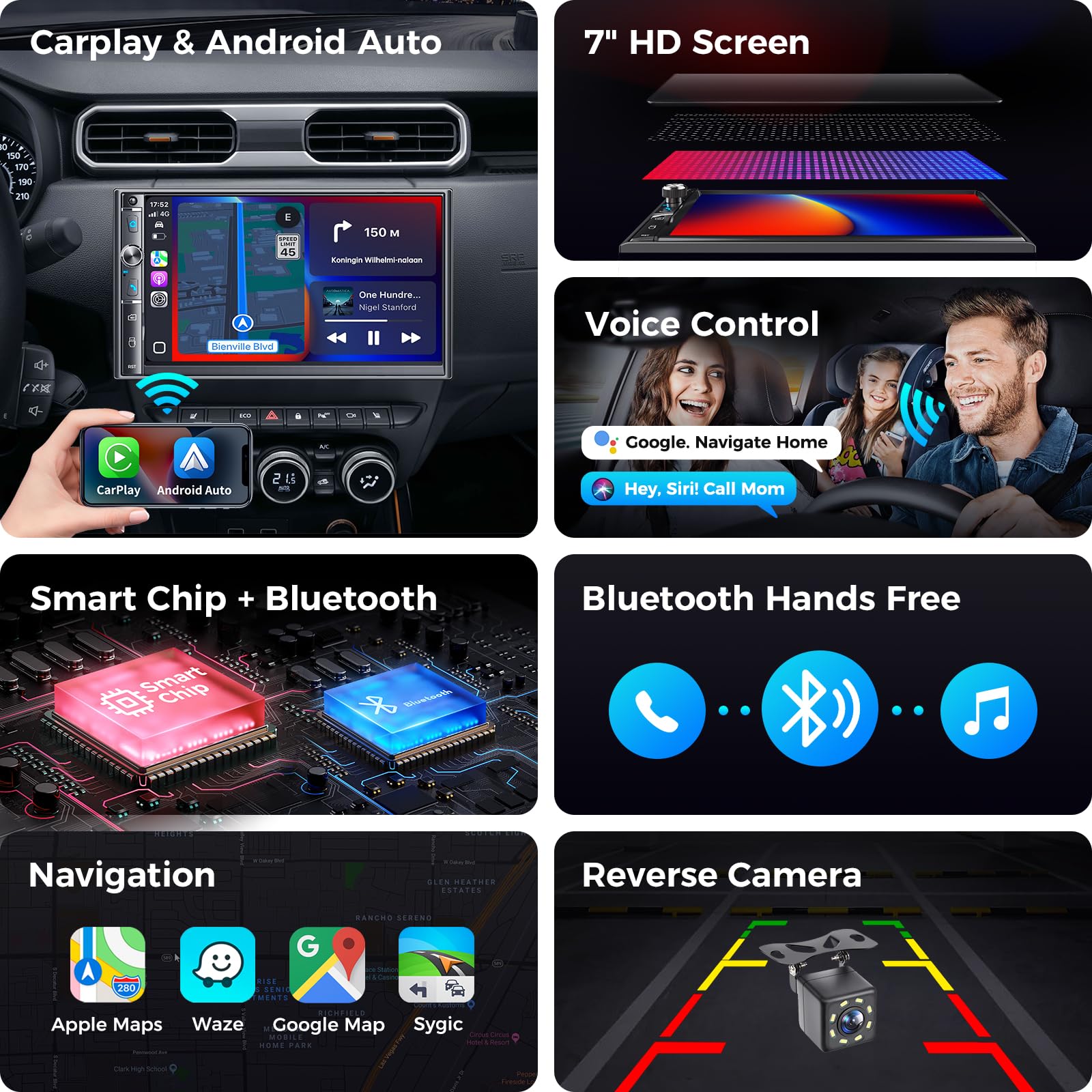 Kissound 7-Inch Wireless CarPlay Android Auto Stereo