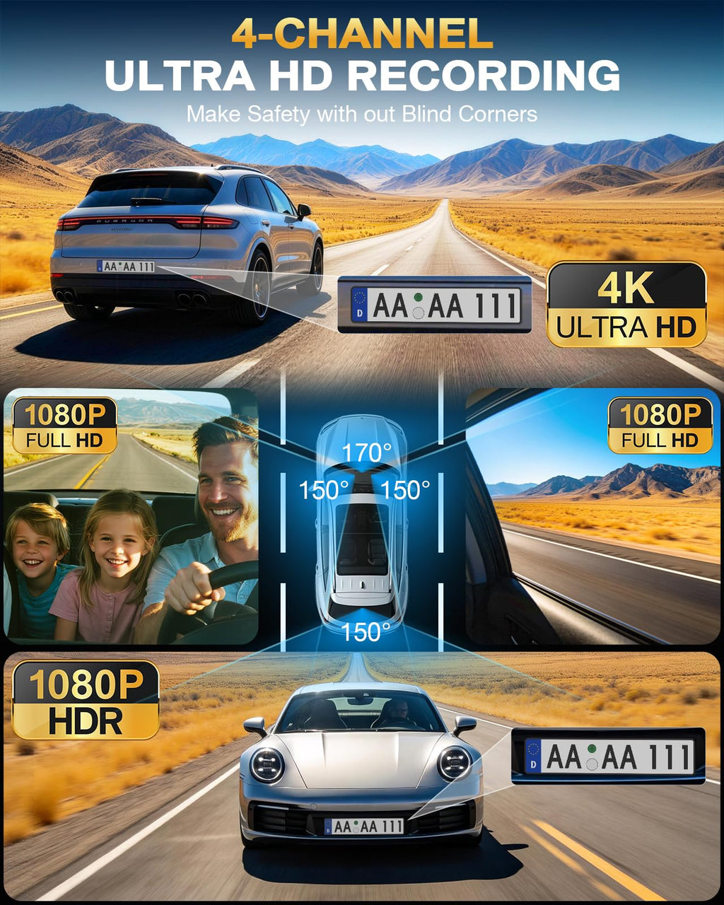 4-Channel 360° 4K Dash Cam with 128GB SD Card