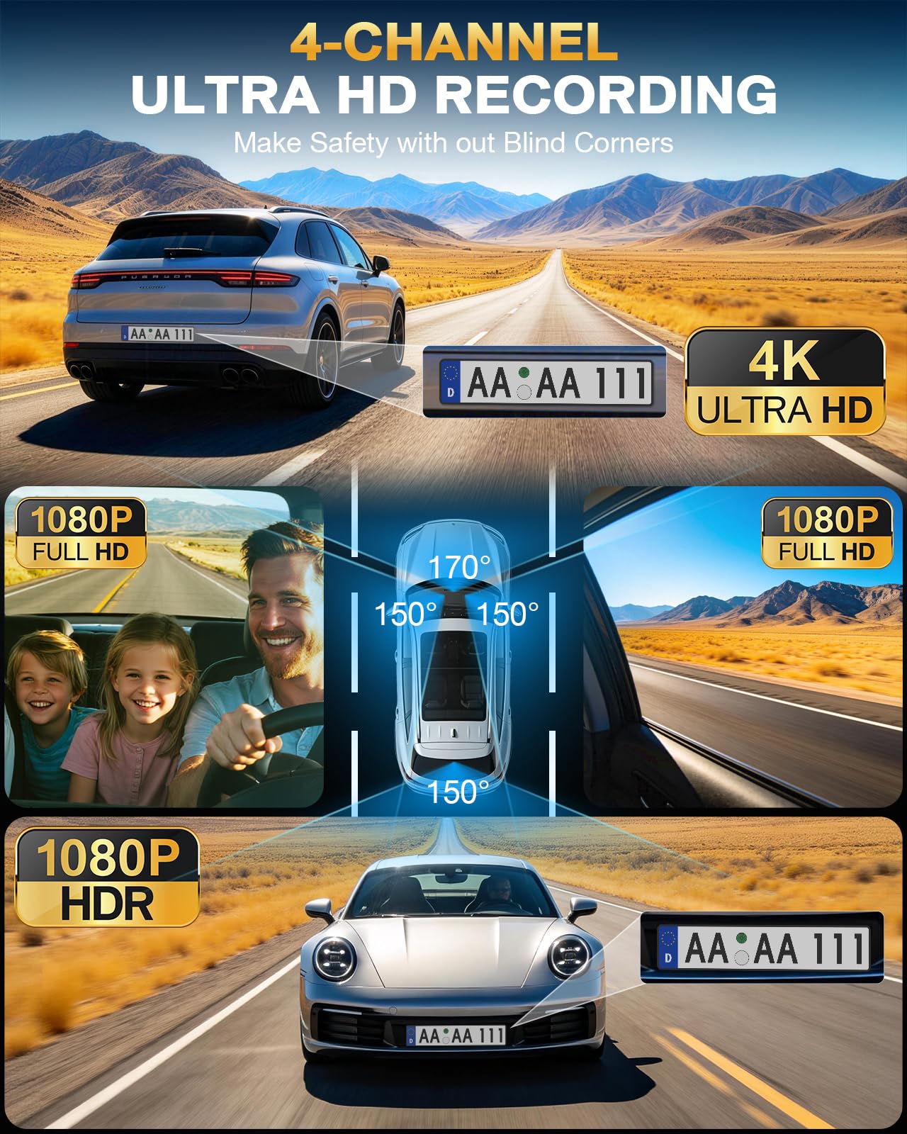 4-Channel 360° 4K Dash Cam with 128GB SD Card