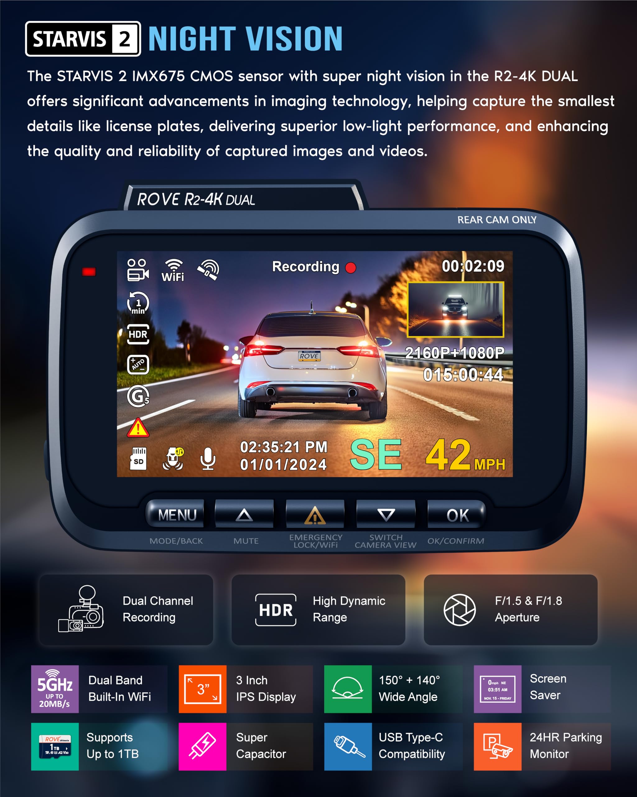 ROVE R2-4K Dual Dash Cam with STARVIS 2 and 128GB Card